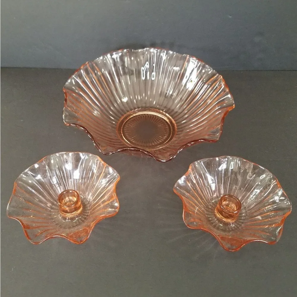 Vintage Anchor Hocking Large Pink Glass Ruffled Bowl & Matching Candle Holders
